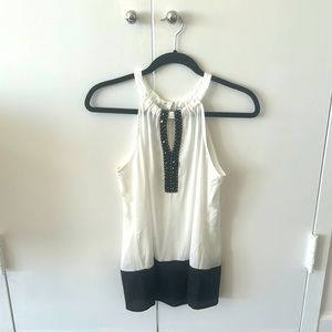 Tag on! White sleeveless blouse with black beading/embroidery and black trim